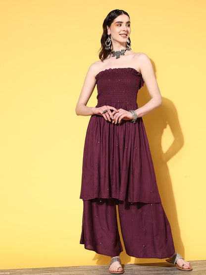 InWeave Women's Wine Mirror Work Off Shoulder Kurta Set - Distacart