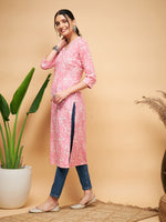 Thumbnail for InWeave Women's Light Pink Floral Print Straight Angrakha Gota Kurta - Distacart
