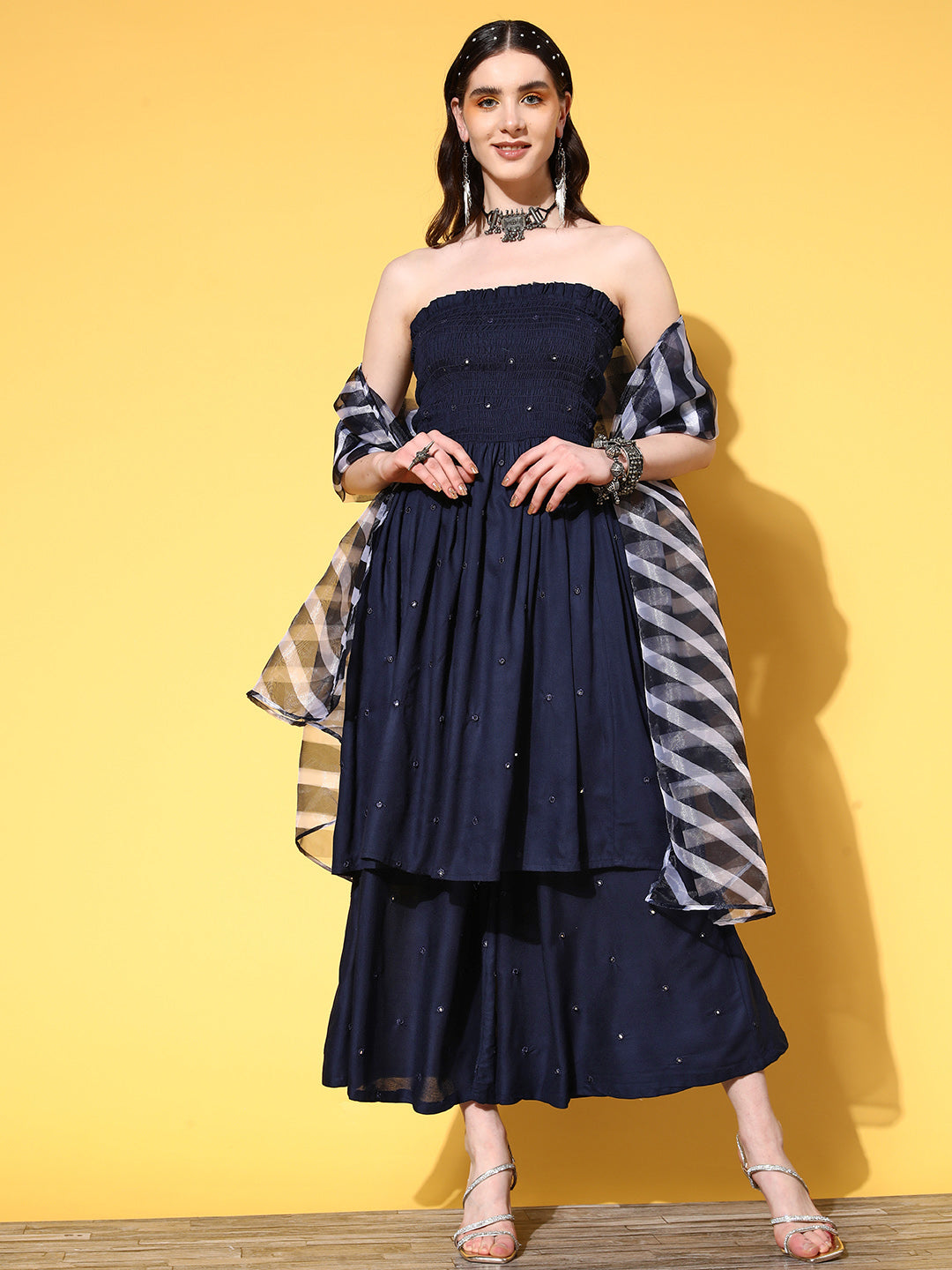 InWeave Women's Navy Mirror Work Off Shoulder Kurta Set With Dupatta - Distacart