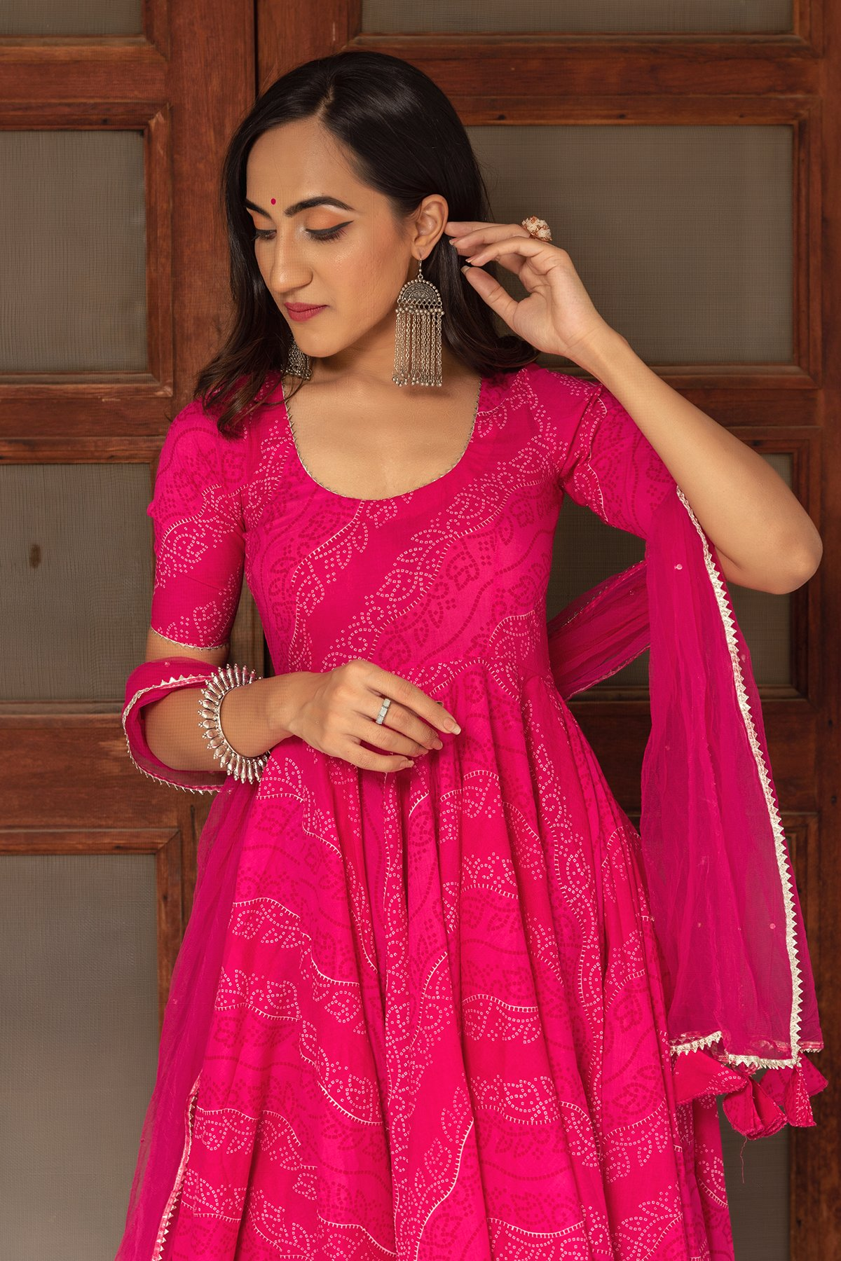 Pomcha Jaipur Bhandhej Pink Cotton Anarkali Set - Distacart