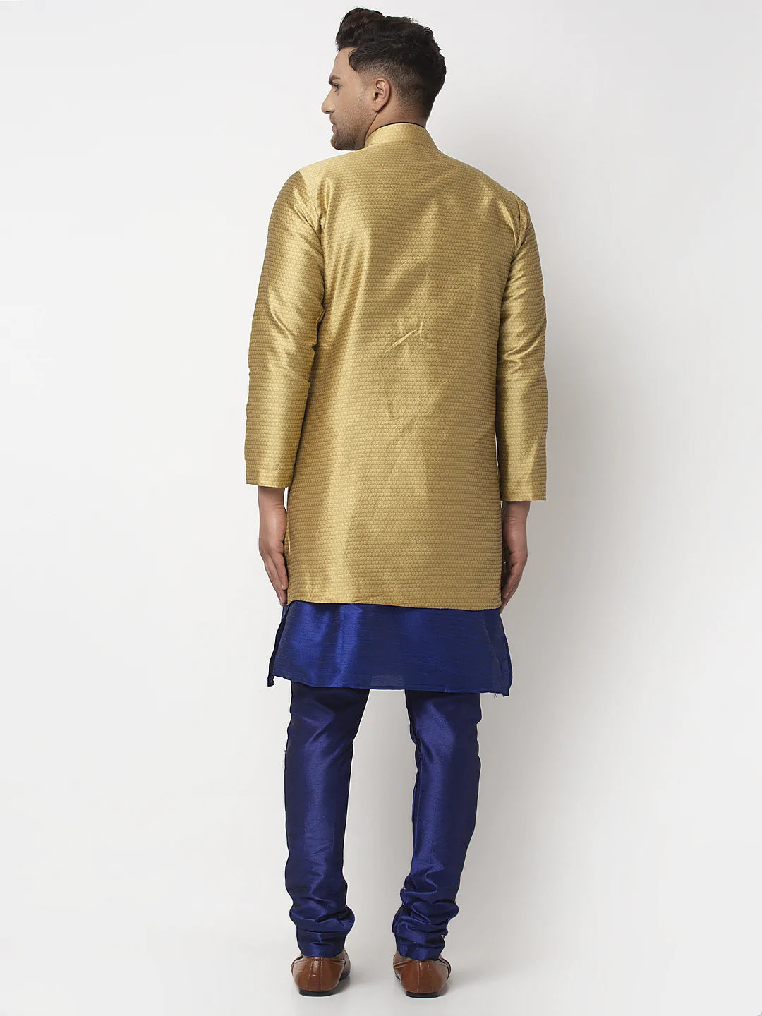 Kalyum Men's Royal Blue Kurta With Pyjama & Gold Self Design Jacket - Distacart