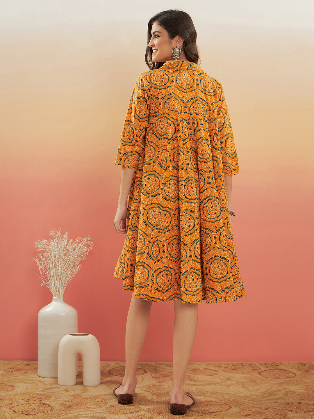 InWeave Women's Haldi Yellow Mughal Kalamkari Flared Dress - Distacart