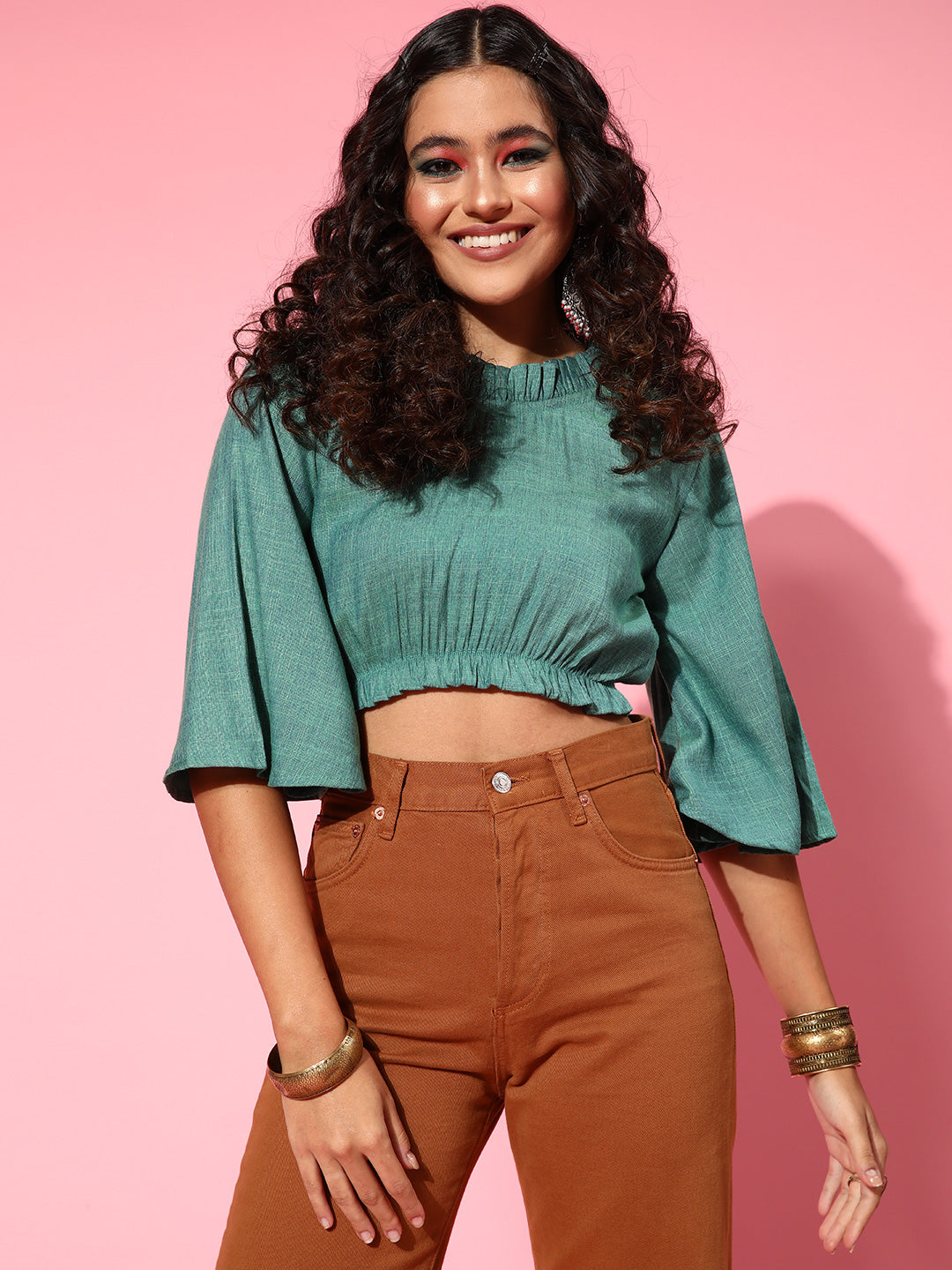 InWeave Women's Teal Blue High Neck Crop Top - Distacart