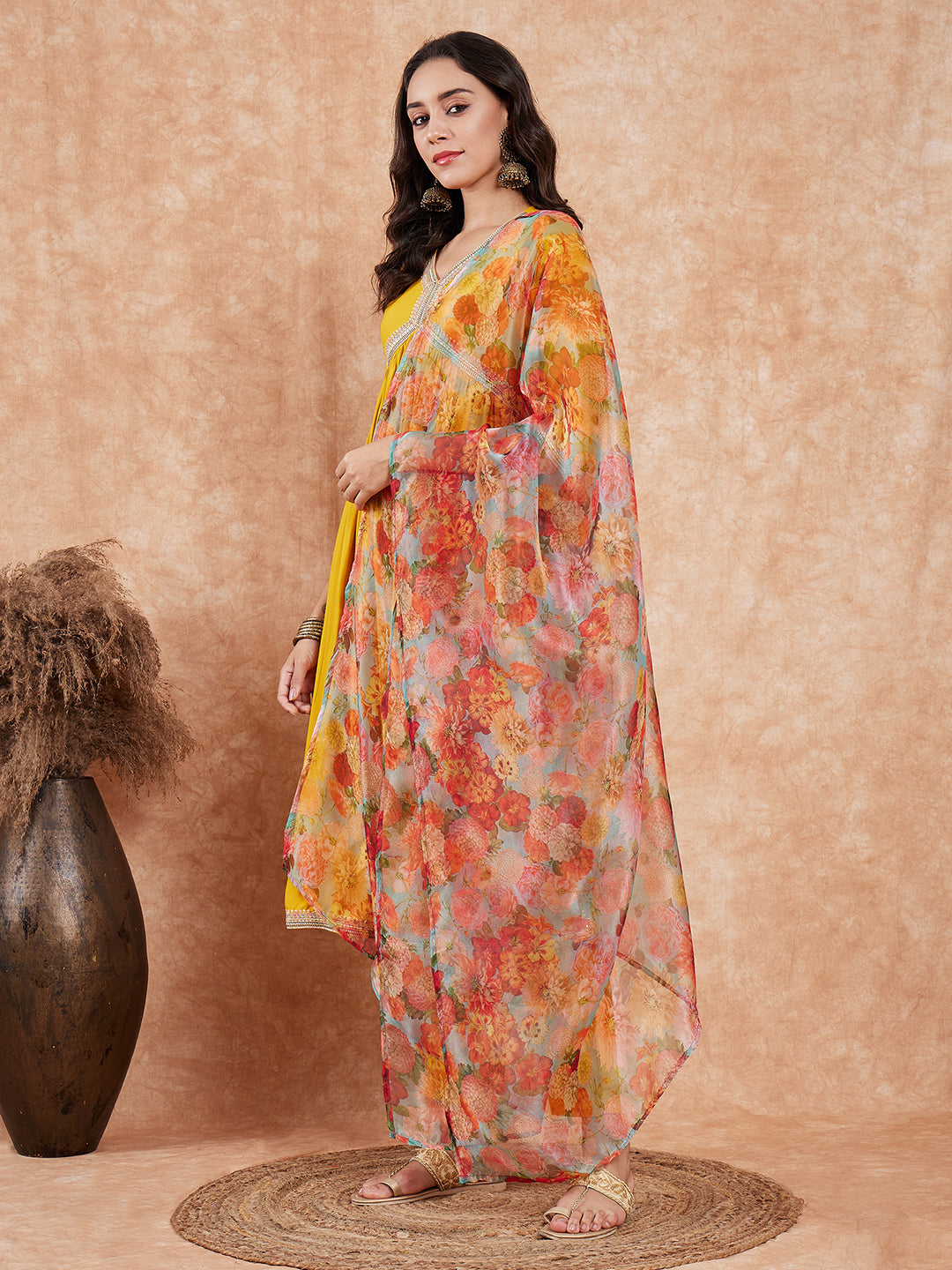 InWeave Women's Mustard Alia Neck Style Gota Set W Organza Dupatta - Distacart