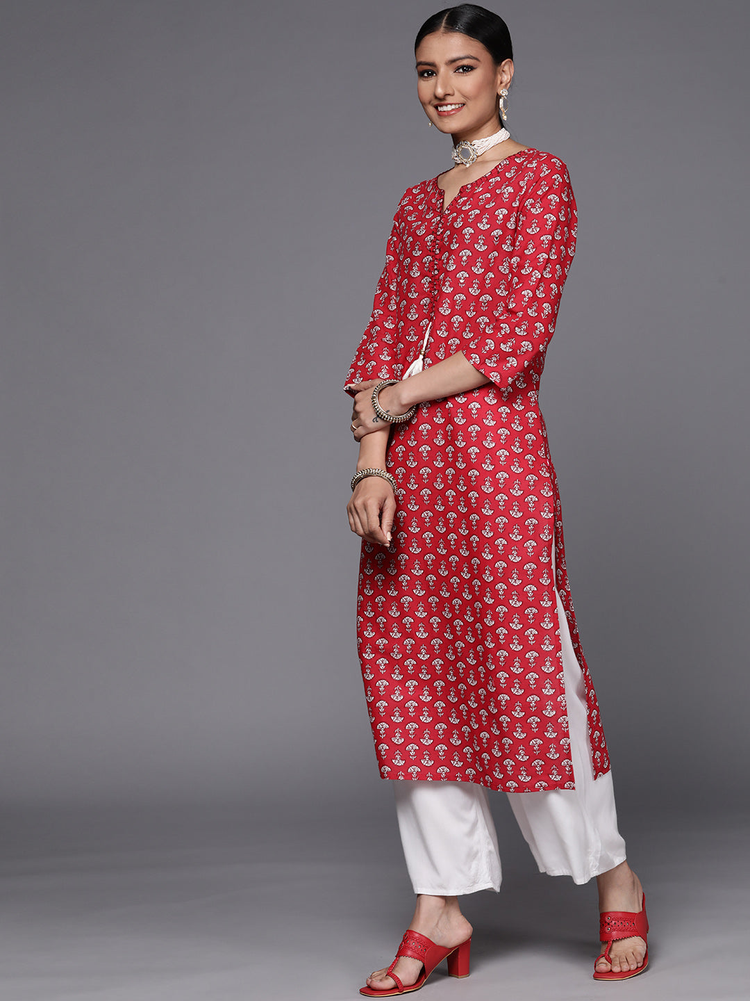 Varanga Red Cotton Printed Kurta With Dori & Tassels Detailing - Distacart
