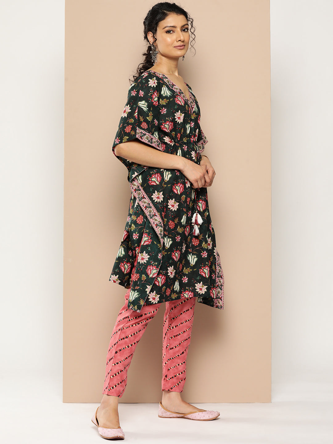 KSUT (House of Varanga) Green And Peach Floral Print Kaftan Trouser Set. - Distacart