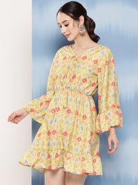 Thumbnail for InWeave Women's Yellow Orange Ikkat Print Short Dress - Distacart