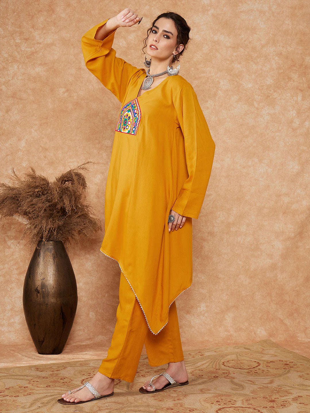 InWeave Women's Mustard Trangle Yellow Patch Work Assymentrical Kurta Set - Distacart