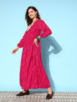 Thumbnail for InWeave Women's Maroon Ethnic Print Wrapped Long Dress - Distacart
