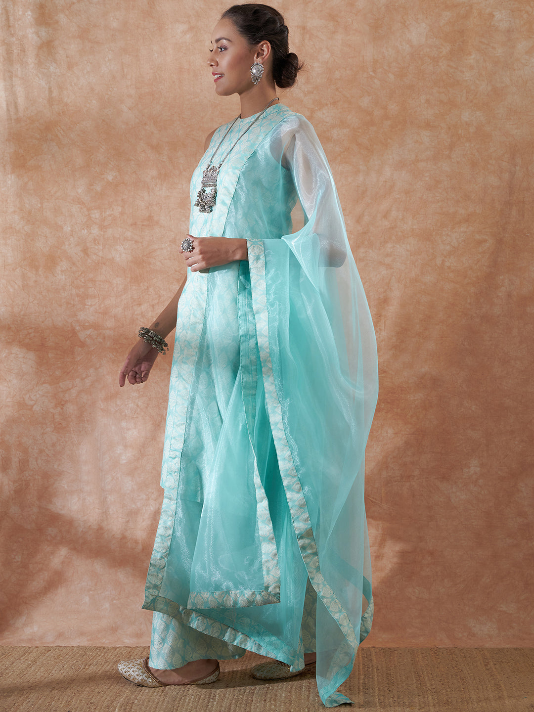 InWeave Women's Powder Blue Jacquard Halter Kurta Set W Powder Blue Or Dupatta - Distacart