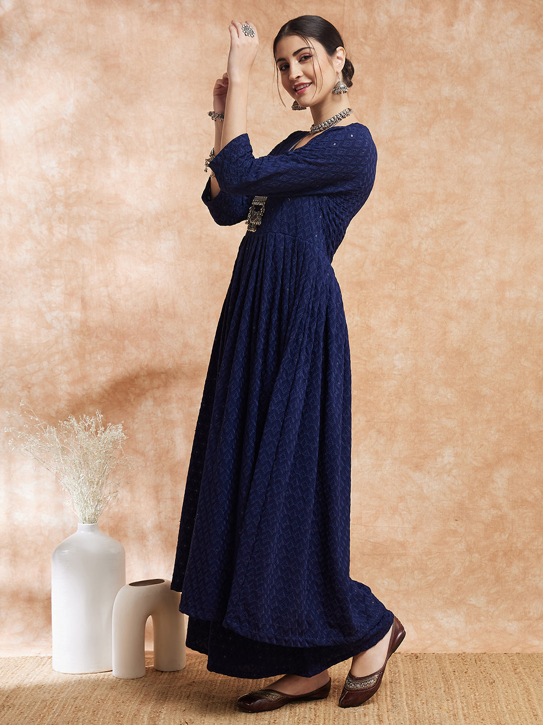 InWeave Women's Royal Blue Chikankari Long Anarkali Kurta Sharara Set - Distacart