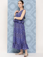 Thumbnail for InWeave Women's Blue Floral Paisley Print Long Frill Dress - Distacart