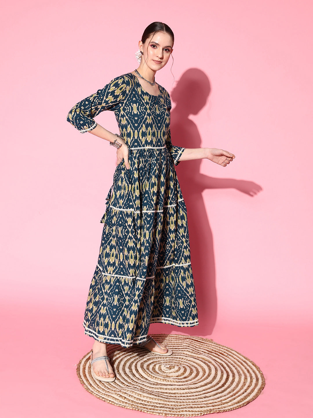 InWeave Women's Blue Ikkat Print Tiered Dress With Lace - Distacart