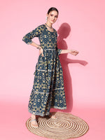 Thumbnail for InWeave Women's Blue Ikkat Print Tiered Dress With Lace - Distacart