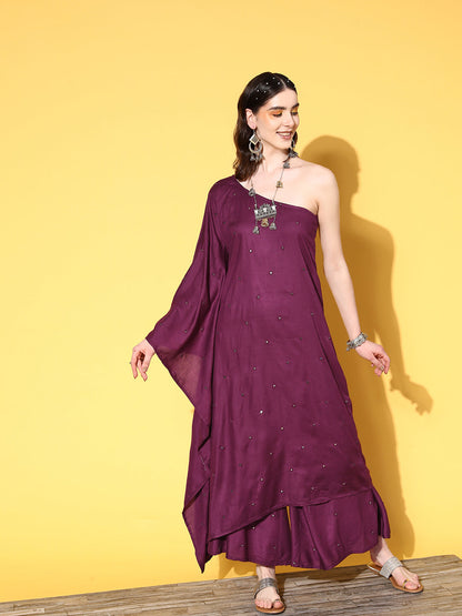 InWeave Women's Wine Mirror Work One Shoulder Kurta Set - Distacart