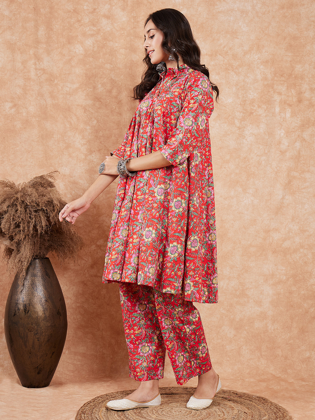 InWeave Women's Red Yellow Floral Print Flared Kurta Pant Set - Distacart