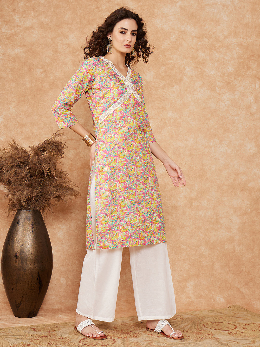 InWeave Women's Multi Floral Painted Alia Lace Work Straight Kurta - Distacart