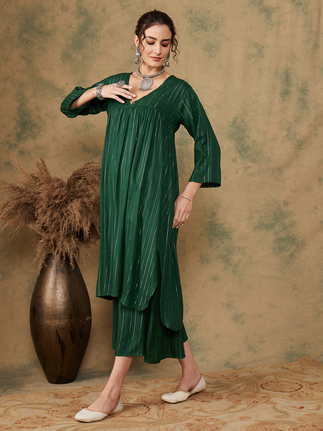 InWeave Women's Pine Green Lurex Flared V Neck Kurta Palazzo Set - Distacart