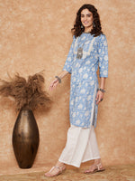 Thumbnail for InWeave Women's Blue White Floral Square Lace Work Straight Kurta - Distacart
