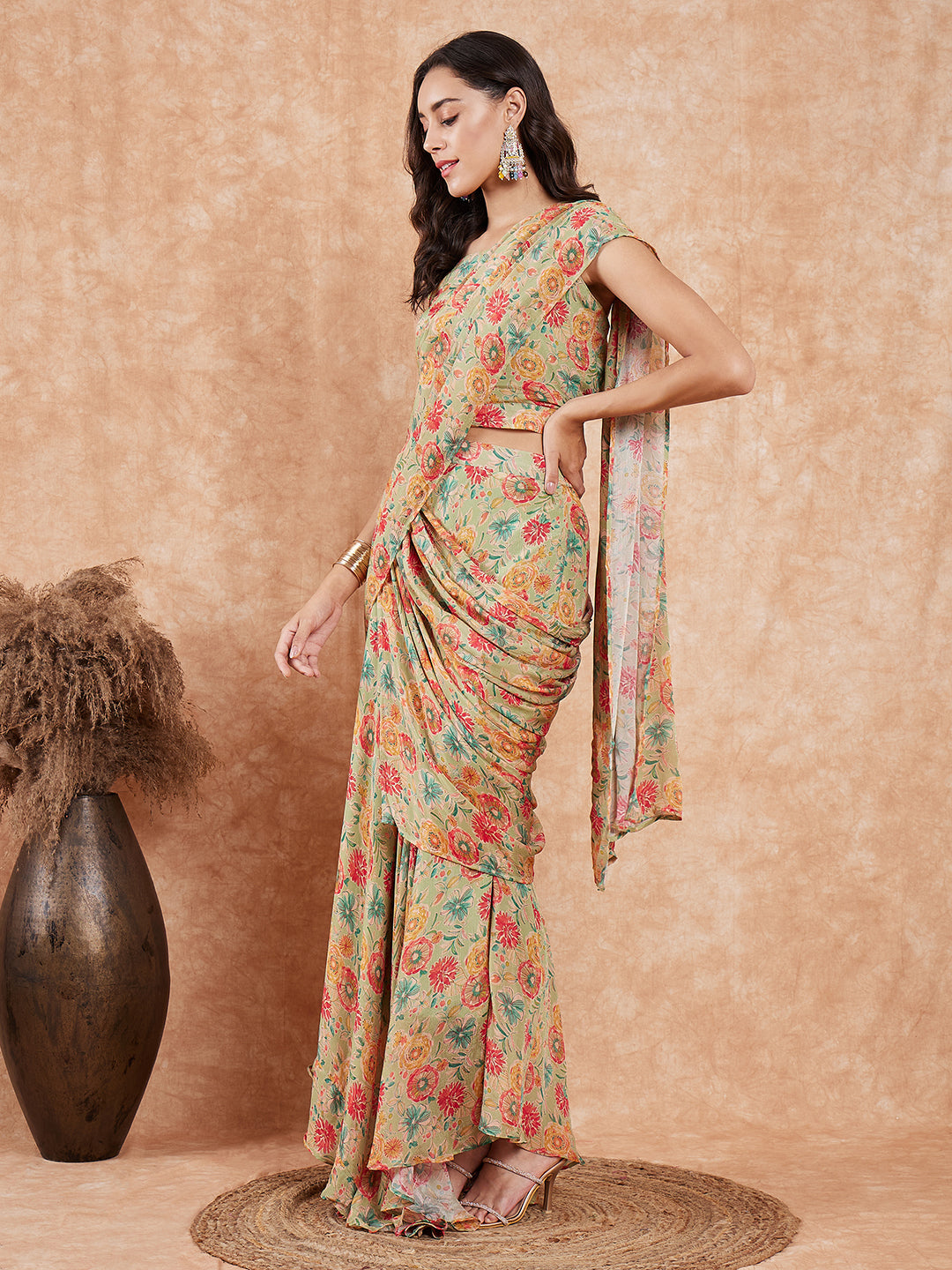 InWeave Women's Pear Green Red Floral Skirt Saree - Distacart