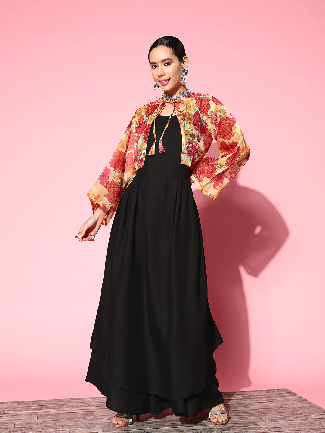 InWeave Women's Black Strappy Set With Red Pink Floral Short Organza Cape - Distacart