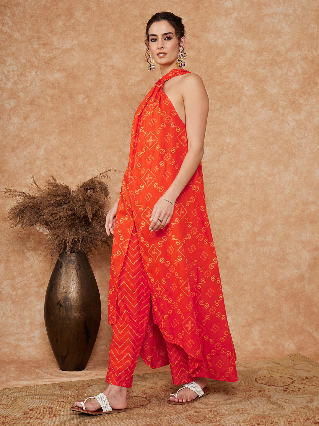 InWeave Women's Orange S Print Twisted Neckline Kurta Pant Set - Distacart