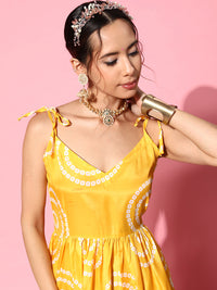 Thumbnail for InWeave Women's Yellow Bandhani Motif Shoulder Tie Up Kurta Set - Distacart