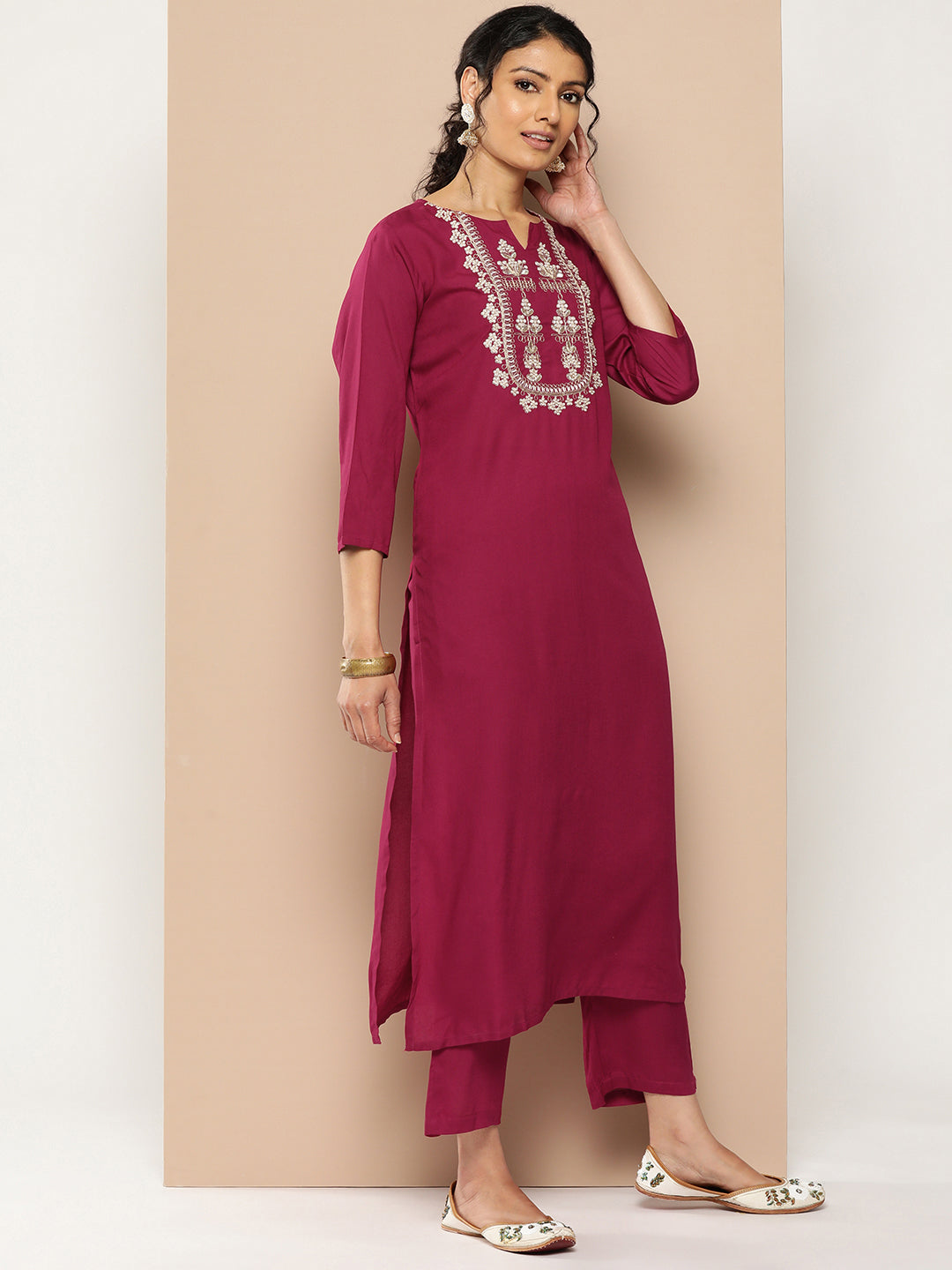 KSUT (House of Varanga) Magenta Kurta With Dori And Zari Embroidered Yoke Paired With Organza Dupatta And Straight Trouser - Distacart