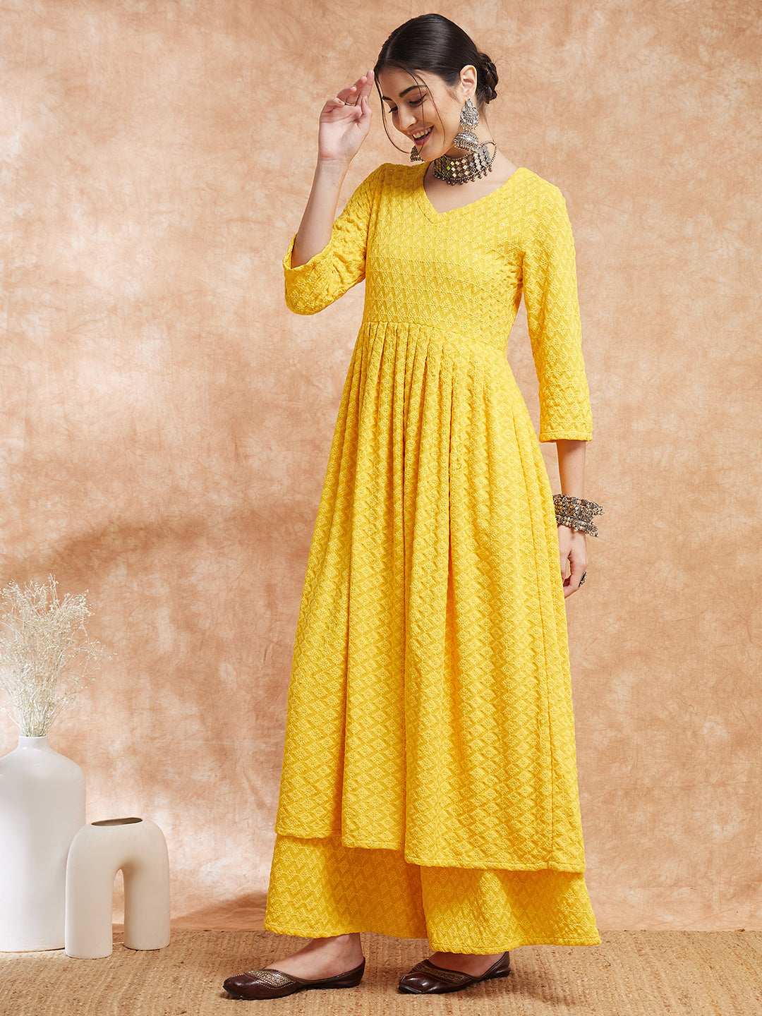 InWeave Women's Butter Yellow Chikankari Long Anarkali Kurta Sharara Set - Distacart