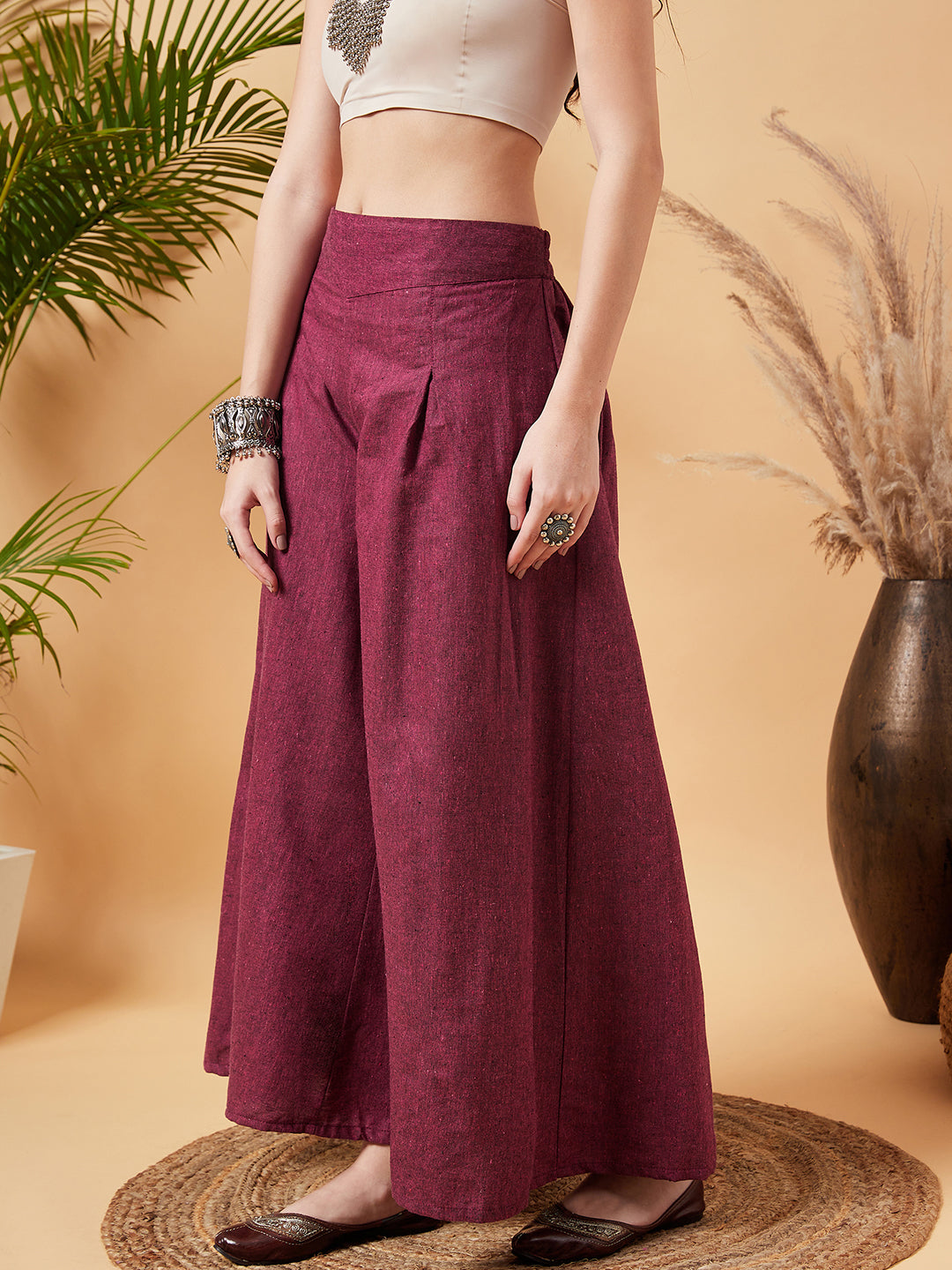 InWeave Women's Pink Wine Handloom Palazzo - Distacart