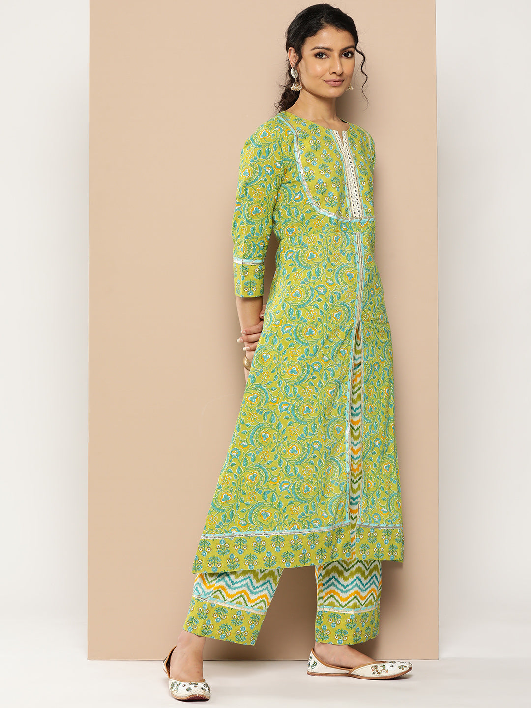 KSUT (House of Varanga) Green Floral Printed A-Line Kurta Paired With Printed Palazzo And Chiffon Dupatta - Distacart