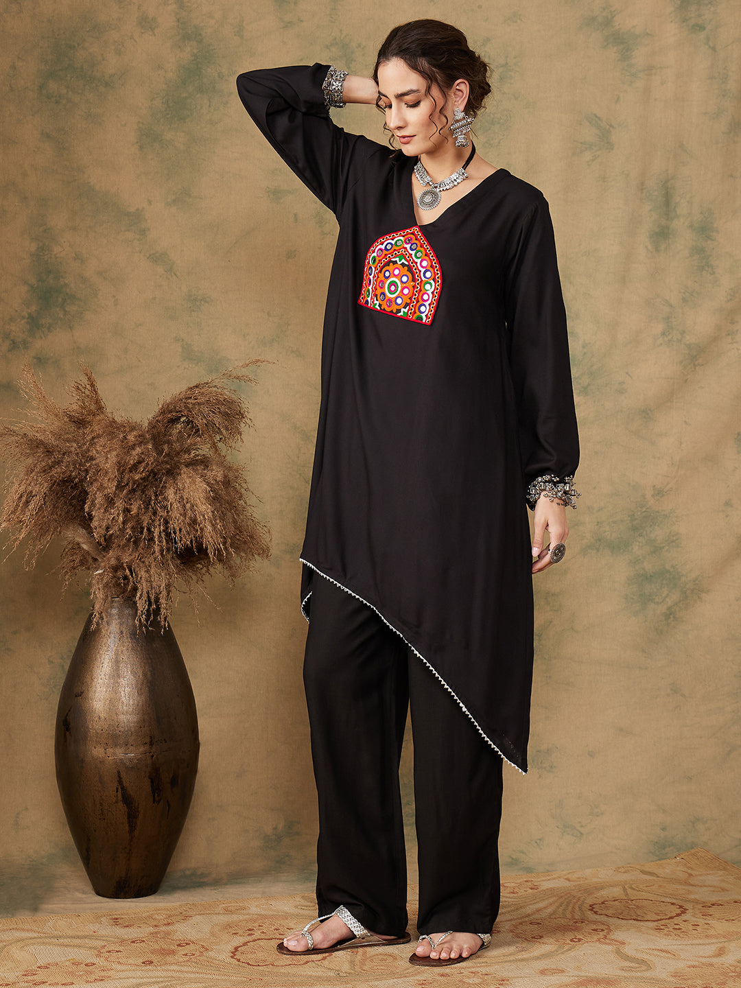 InWeave Women's Black Trangle Maroon Patch Work Assymentrical Kurta Set - Distacart