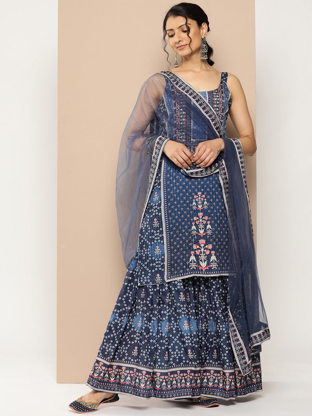 KSUT (House of Varanga) Blue Color Strap Style Digital Printed Kurta With Printed Sharara And Net Dupatta - Distacart