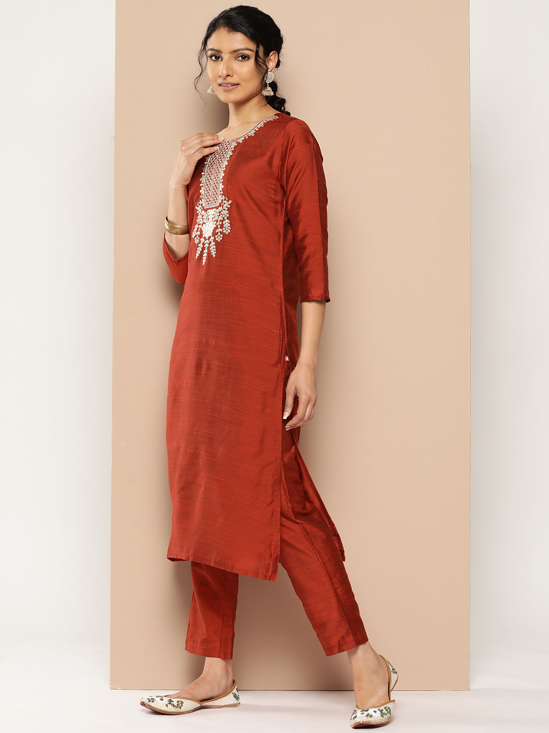 KSUT (House of Varanga) Embroidered Kurta Paired With Pant And Printed Dupatta With Zari Fringes - Distacart