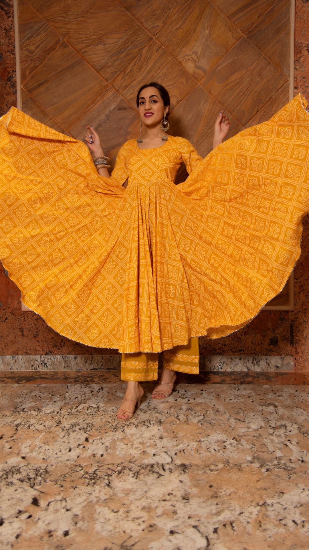 Pomcha Jaipur Bandhej Yellow Cotton Anarkali Set - Distacart