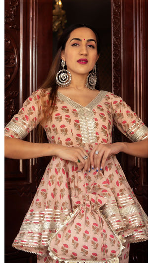 Pomcha Jaipur Peach Hand Block Cotton Sharara Set - Distacart