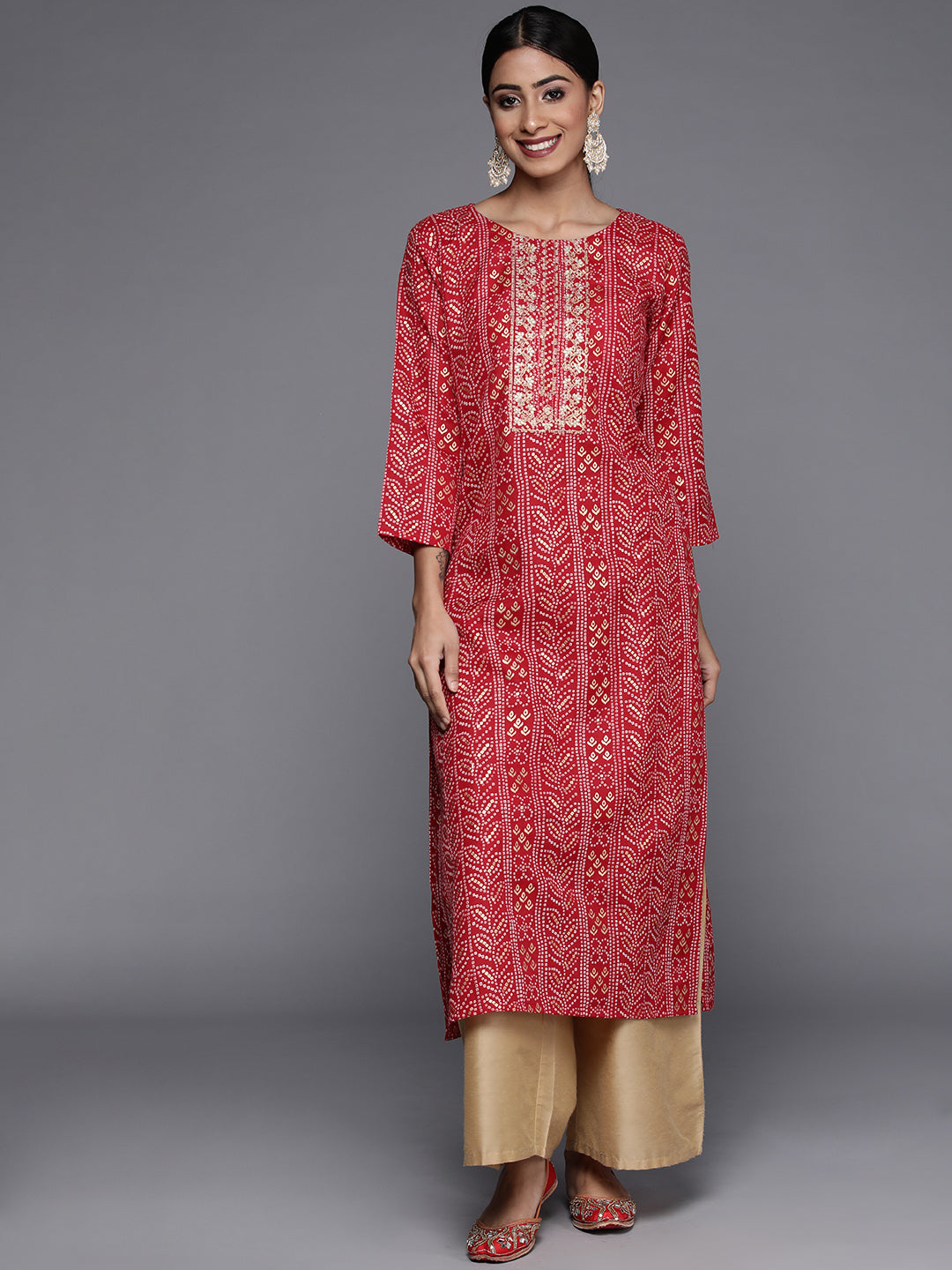 Varanga Women Maroon Gold Printed Embroidered Kurta - Distacart