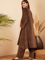 Thumbnail for InWeave Women's Brown V Neck Asymmetrical Pleated Velvet Kurta Set - Distacart