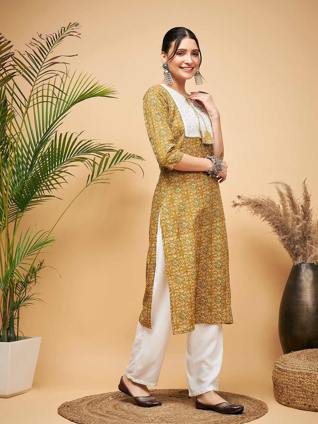InWeave Women's Olive Ajrakh Print Cotton Patch Work Straight Kurta Pant Set - Distacart