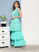 Thumbnail for InWeave Women's Turquoise Printed Chintz Tiered Sharara Set - Distacart