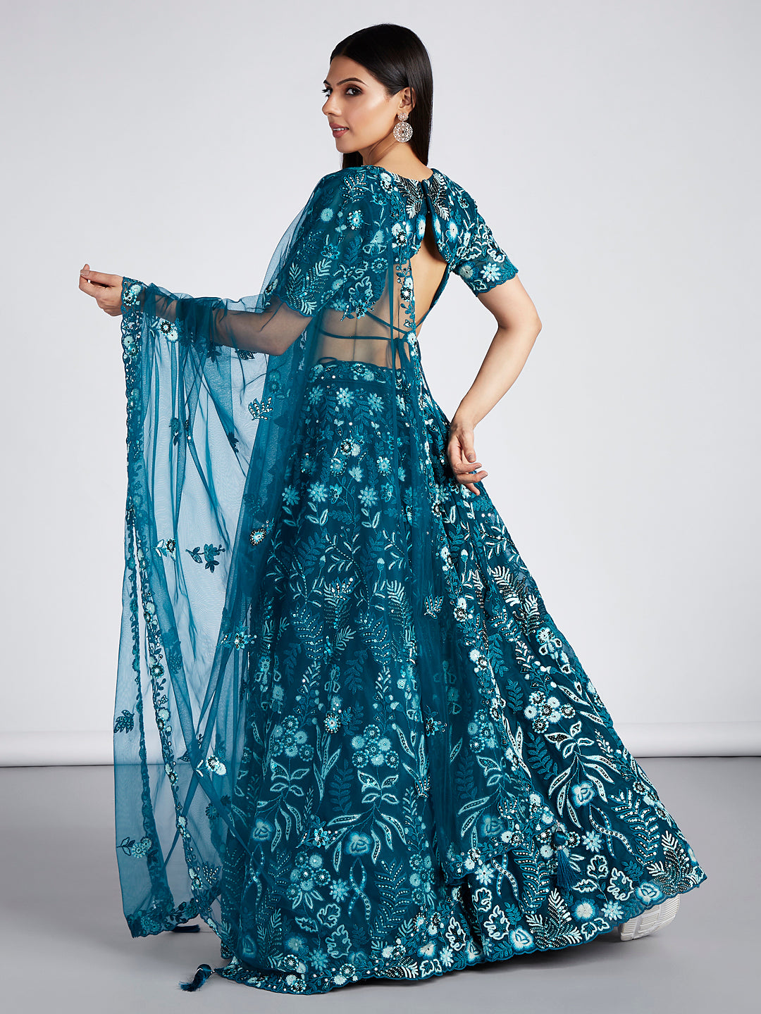 House of Panchhi Teal Net Sequins, Mirror And Thread Embroidery Lehenga Choli & Dupatta - Distacart