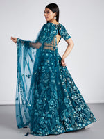 Thumbnail for House of Panchhi Teal Net Sequins, Mirror And Thread Embroidery Lehenga Choli & Dupatta - Distacart