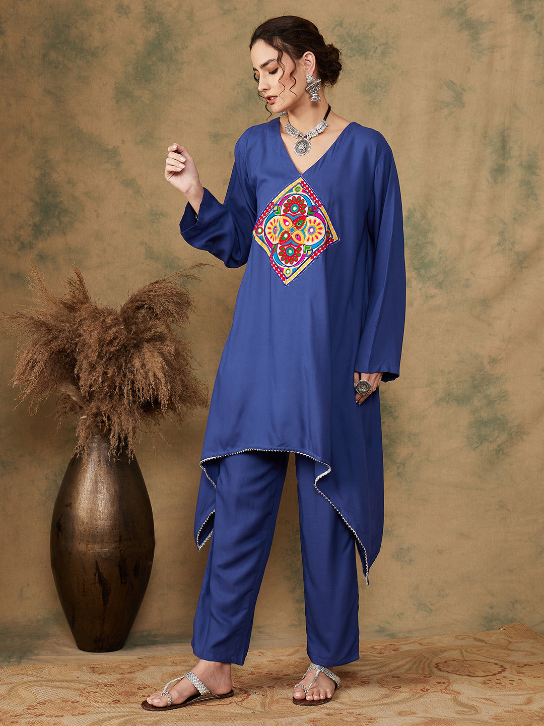 InWeave Women's Ink Blue Square Yellow Patch Work Assymentrical Kurta Set - Distacart