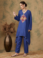 Thumbnail for InWeave Women's Ink Blue Square Yellow Patch Work Assymentrical Kurta Set - Distacart