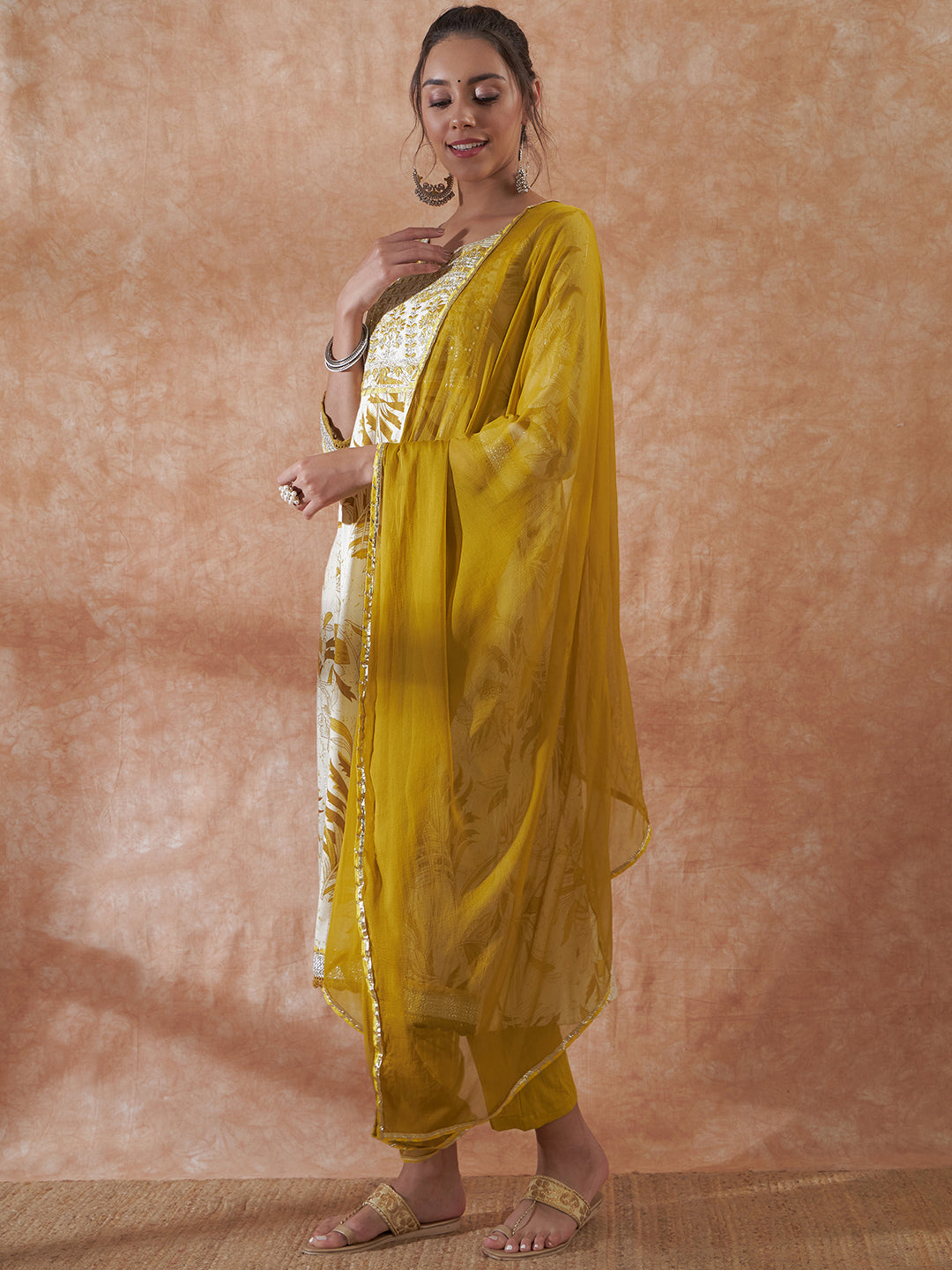 InWeave Women's White Mustard Lurex Leaf Print Patch Gota Kurta Set W Mustard Dupatta - Distacart