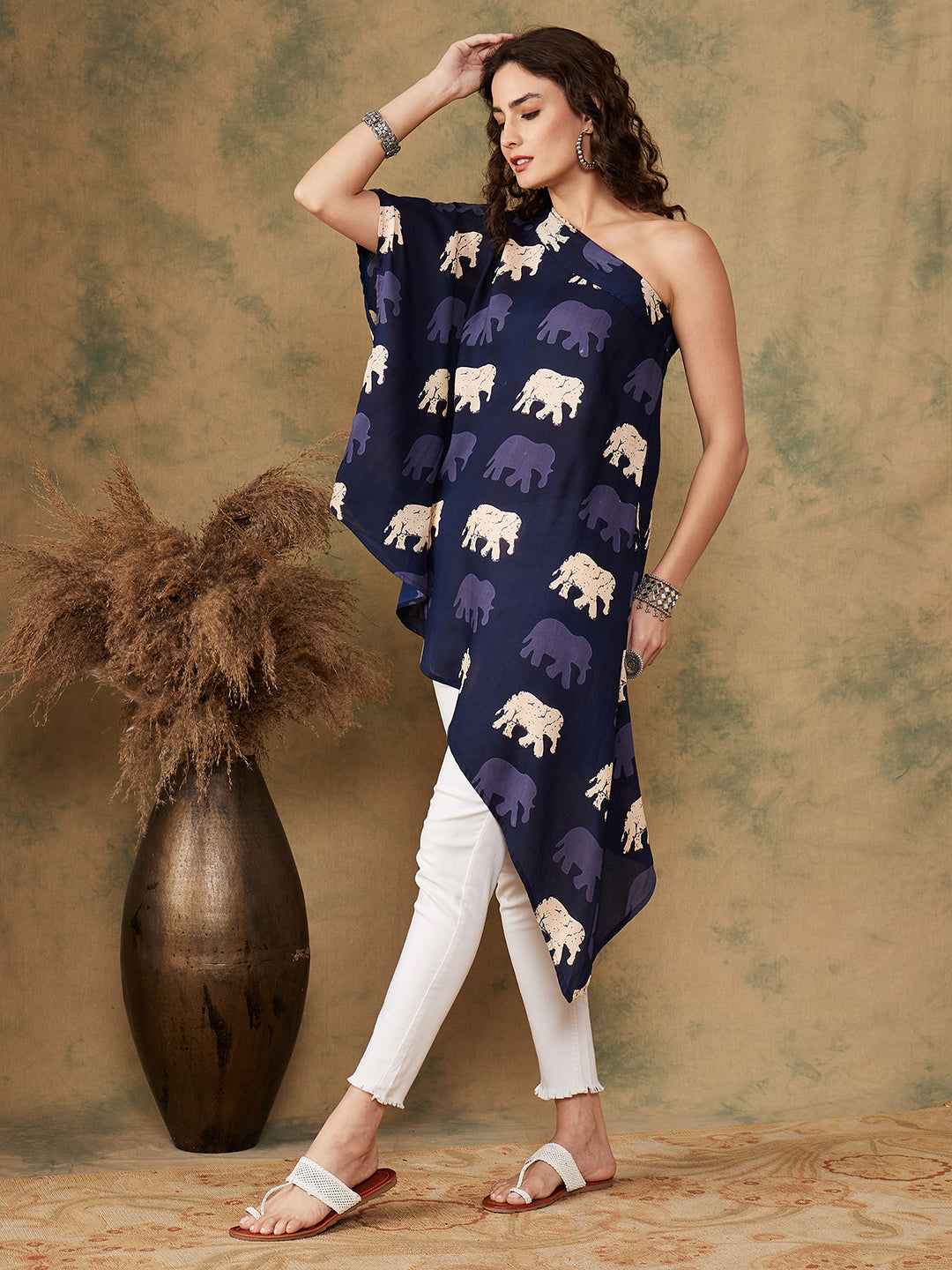 InWeave Women's Blue Elephant Print Oneshoulder Top - Distacart