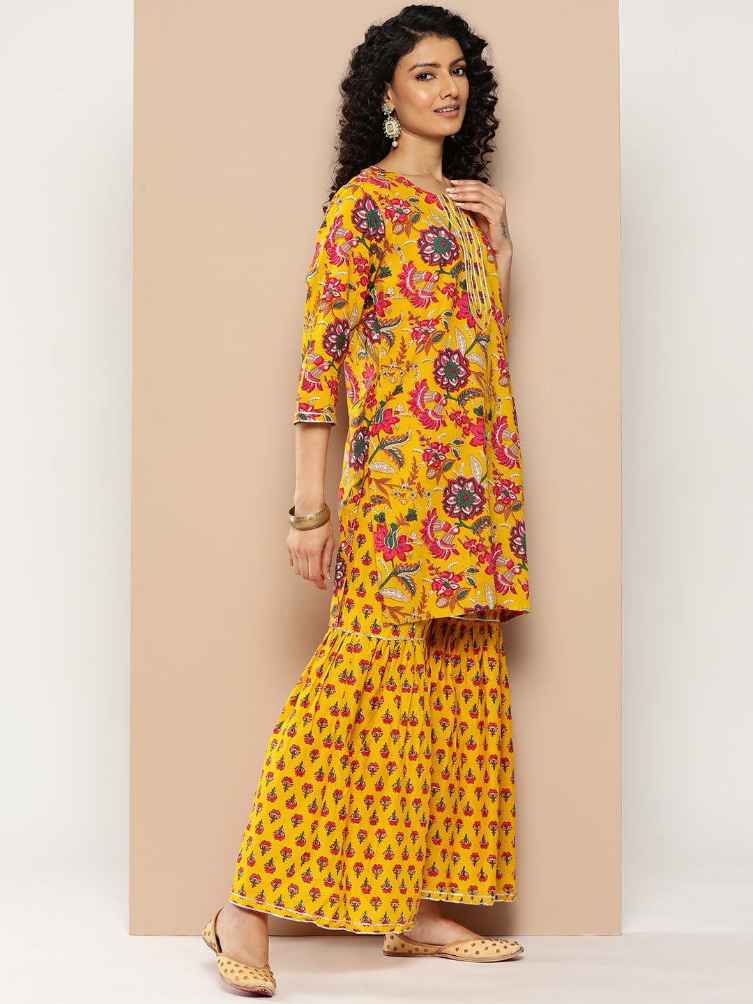 KSUT (House of Varanga) Yellow And Pink Floral Printed Round Neckline Kurta Having Gota Work On Yoke Nad Paired With Sharara And Contrast Pink Dupatta - Distacart