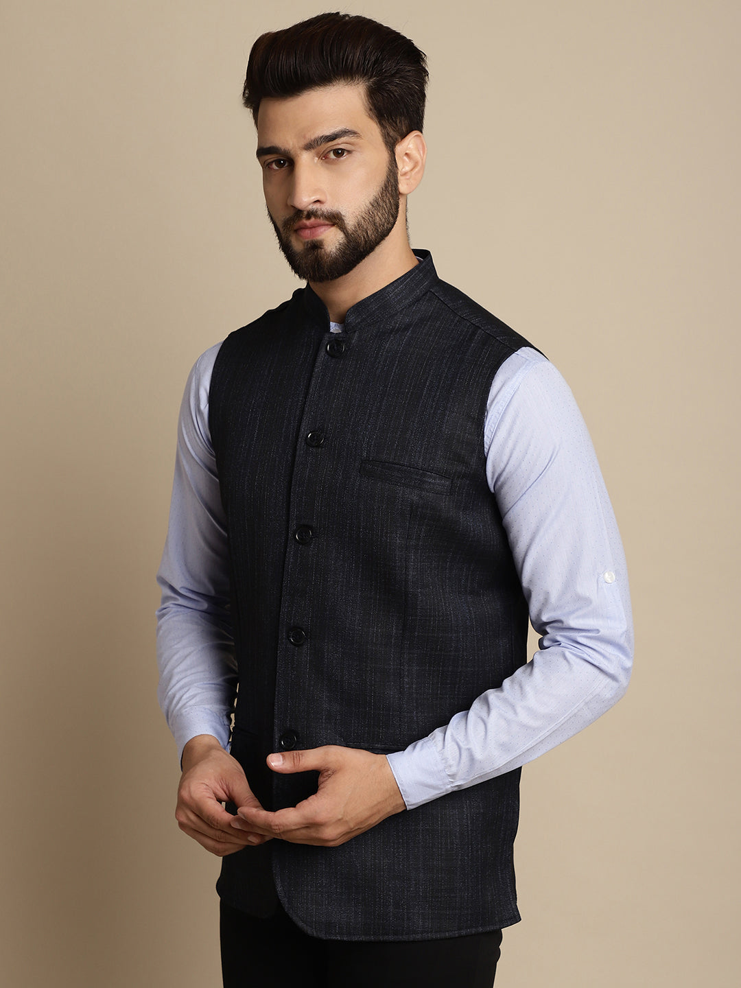 Even Apparels Men's Blue Mandarin Collar Waistcoat - Distacart