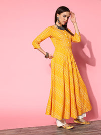 Thumbnail for InWeave Women's Yellow Bandhani Long Anarkali Kurta With Green Bandhani Dupatta - Distacart