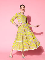 Thumbnail for InWeave Women's Yellow Floral Print Tiered Dress With Lace - Distacart